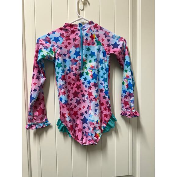 Girls One Piece Swimsuit Long Sleeve UPF 50+ Sun Ruffle Zipper Size Medium - Picture 3 of 5